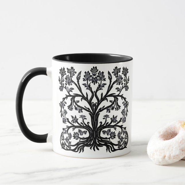 Caneca Floral Tree of Life in Black on White (Com Donut)