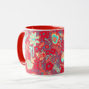CANECA FLORAL VERMELHO AZUL  BRANCO TULIPAS,FOLHAS