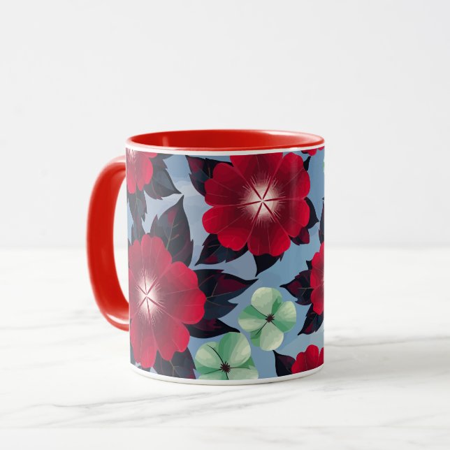 Caneca Floral Vermelho e Verde Mint sobre fundo azul-céu (Frente Esquerda)