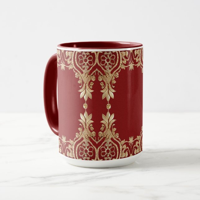 Caneca Floral Vermelho Moderno Dourado (Frente Esquerda)