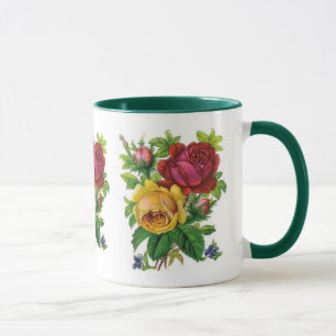 Caneca Floral Vintage Amarela Rosa Vermelha Verde