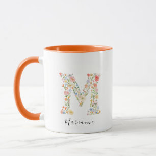 Caneca Floral Watercolor - Letra M Monograma e Nome Perso