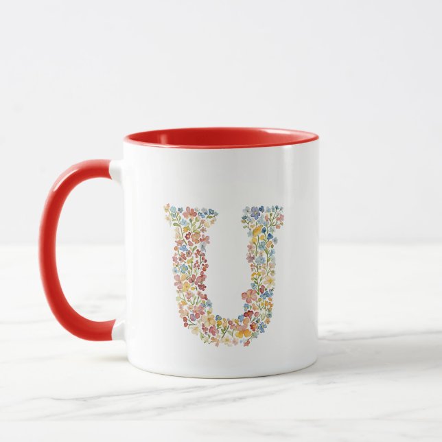 Caneca Floral Watercolor - Letra U Monograma (Esquerda)