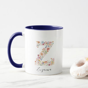 Caneca Floral Watercolor - Letra Z Monograma e Nome Perso