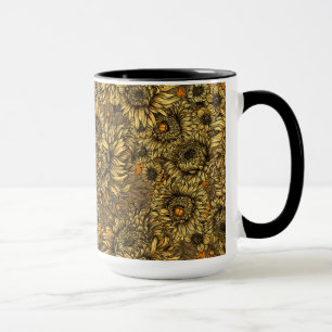Caneca Flores amarelas de crisântemo e besouros laranja