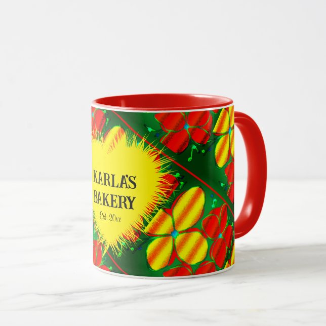 Caneca Flores Amarelas e Vermelhas Cheias com Mug Verde (Frente Esquerda)