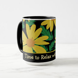 Caneca Flores amarelas margaridas com folhas verdes