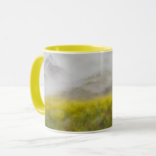 Caneca Flores Amarelas Montanhas de Foggy Campo Arte Mug (Frente Esquerda)