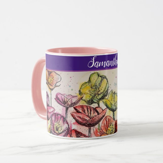 Caneca Flores Amarelas Vermelhas Flores (Frente Esquerda)