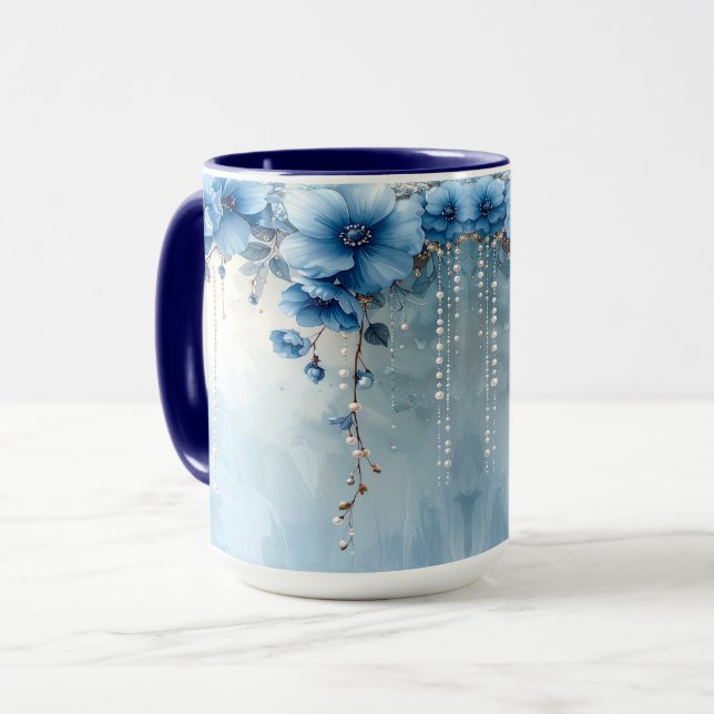 Caneca Flores Azuis e Pérolas (Frente Esquerda)