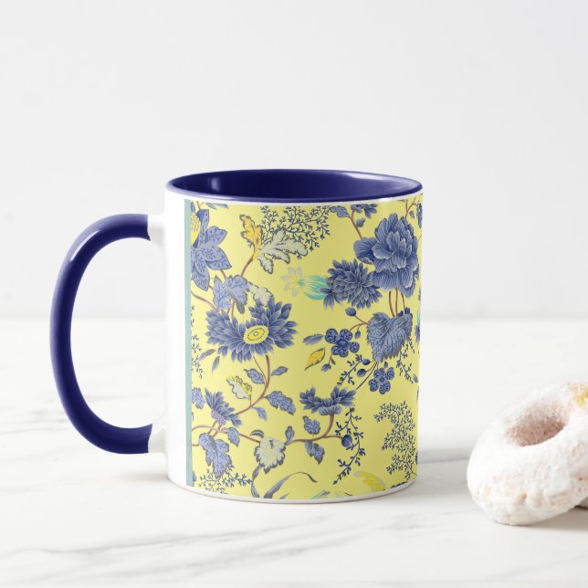 Caneca Flores Azuis Mug Amarelo (Com Donut)