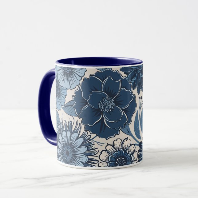 Caneca Flores Botânicas Azuis: Arte Floral Elegante (Frente Esquerda)
