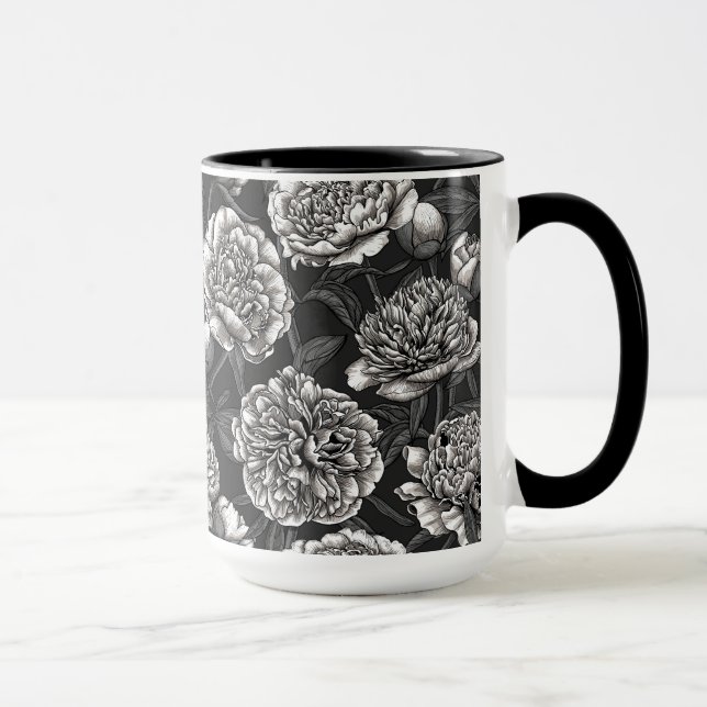 Caneca Flores brancas de peônia em cinzas escuras (Direita)