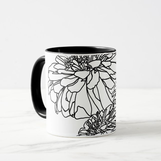 Caneca Flores brancas pretas minimalistas modernas (Frente Esquerda)