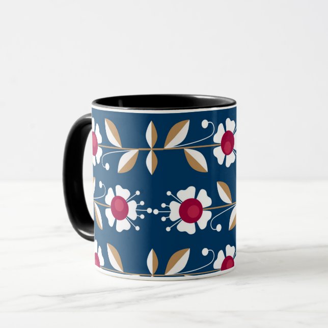 Caneca Flores brancas retrô em um fundo azul escuro (Frente Esquerda)