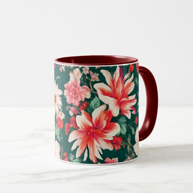 Caneca Flores Brancas Vibrantes, Vermelhas Rosa e Delicad (Frente Esquerda)