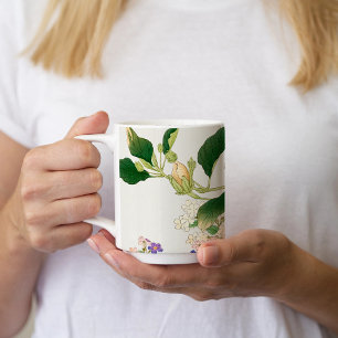 Caneca Flores Browallia & Hibiscus - bloco de madeira jap