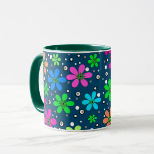 Caneca Flores camomila multicoloridas brilhantes em azul