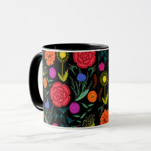 Caneca Flores Coloridas Brilhantes em Preto