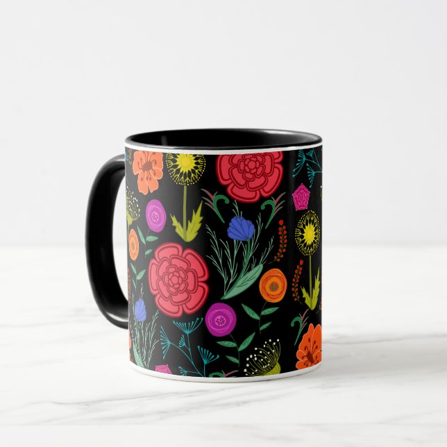 Caneca Flores Coloridas Brilhantes em Preto (Frente Esquerda)