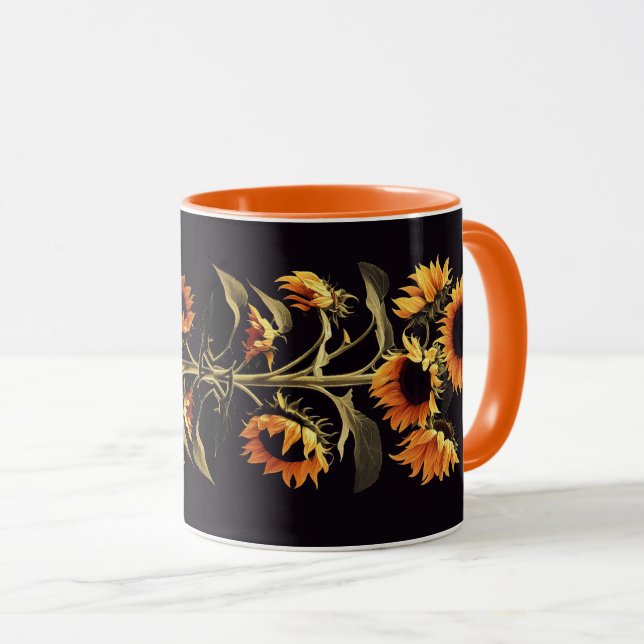CANECA FLORES COM FOLHAS VERDES EM PRETO (Frente Esquerda)
