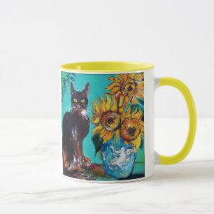CANECA FLORES COM GATO PRETO EM TURQUOISMO AZUL