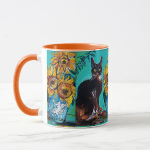 CANECA FLORES COM GATO PRETO EM TURQUOISMO AZUL