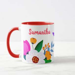 Caneca Flores Cor-De-Rosa Amarelo Elegante E Borboleta