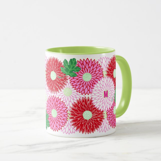 Caneca Flores Cor-de-Rosa e Vermelhas de Xilogravura Vint (Frente Esquerda)