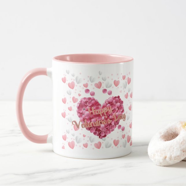 Caneca Flores Cor-de-Rosa Elegantes Dia dos Namorados (Com Donut)