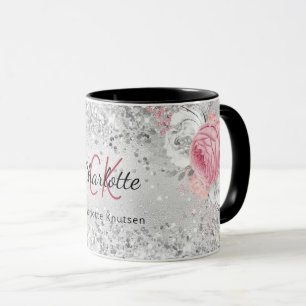 Caneca Flores cor-de-rosa prateada nome de monograma eleg