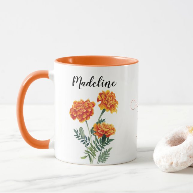 Caneca Flores de Aquarela Marigold Outubro Nascimento Flo (Com Donut)
