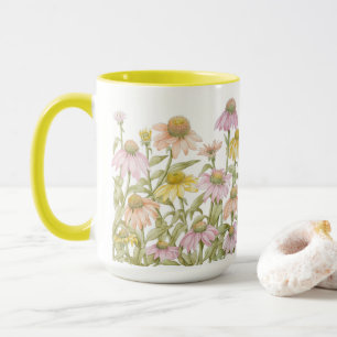 Caneca Flores de Coneflowers Arte Botânica em Aquarela