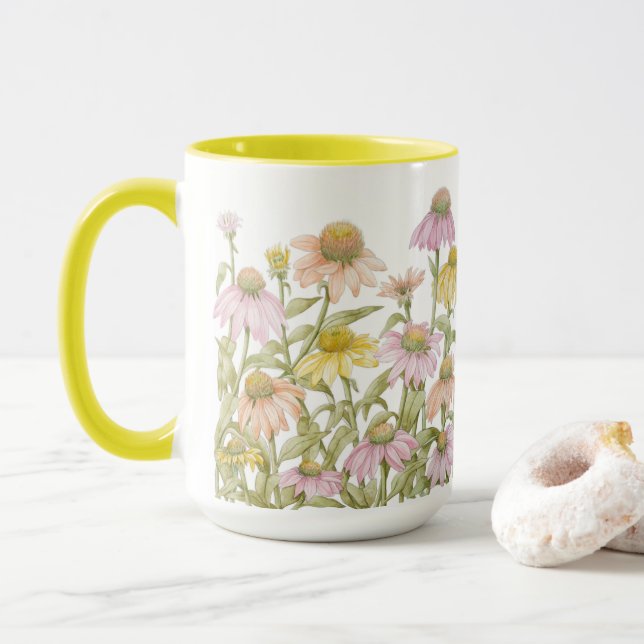 Caneca Flores de Coneflowers Arte Botânica em Aquarela (Com Donut)