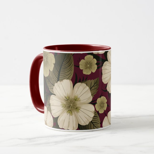 Caneca Flores de Creme Elegantes sobre fundo de Borgonha (Frente Esquerda)