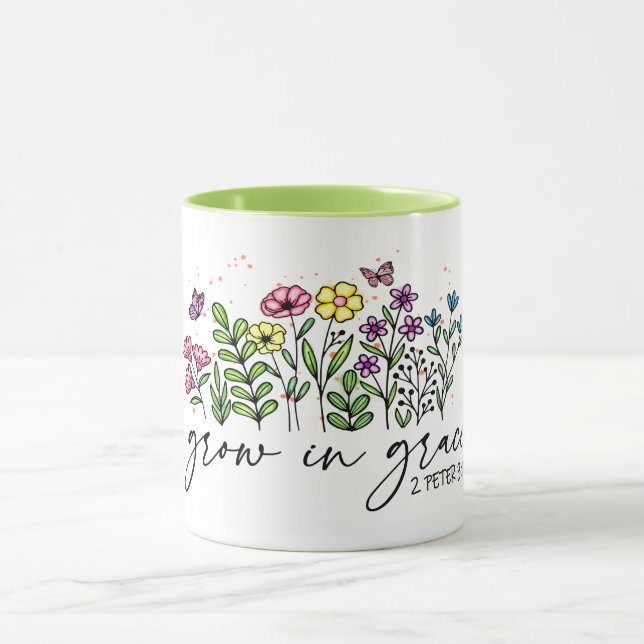 CANECA FLORES DE DESIGN SIMPLES "CRESCEM EM GRAÇA" BÍBLIA (Centro)