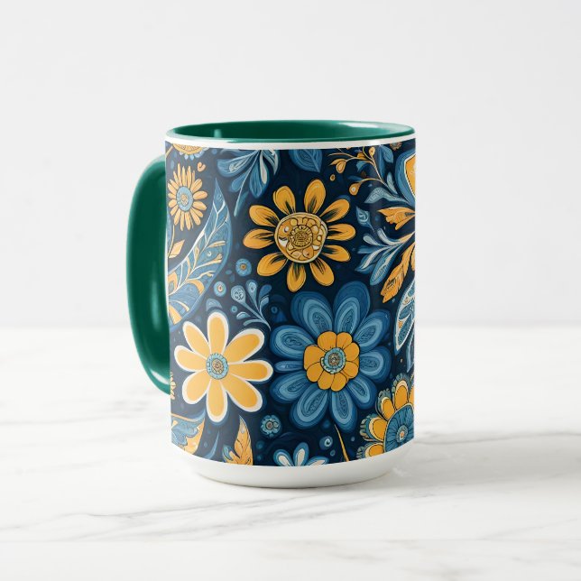 Caneca Flores de Hipopia Retro Flores Design Amarelo Azul (Frente Esquerda)