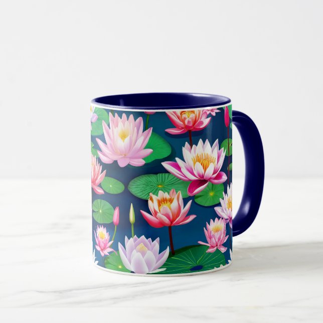 Caneca Flores de Lótus Branco Rosa e Folhas Verdes (Frente Esquerda)