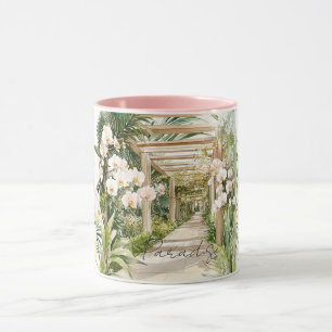 Caneca Flores de Orquídea Tropical Branca Creme Rosa Para