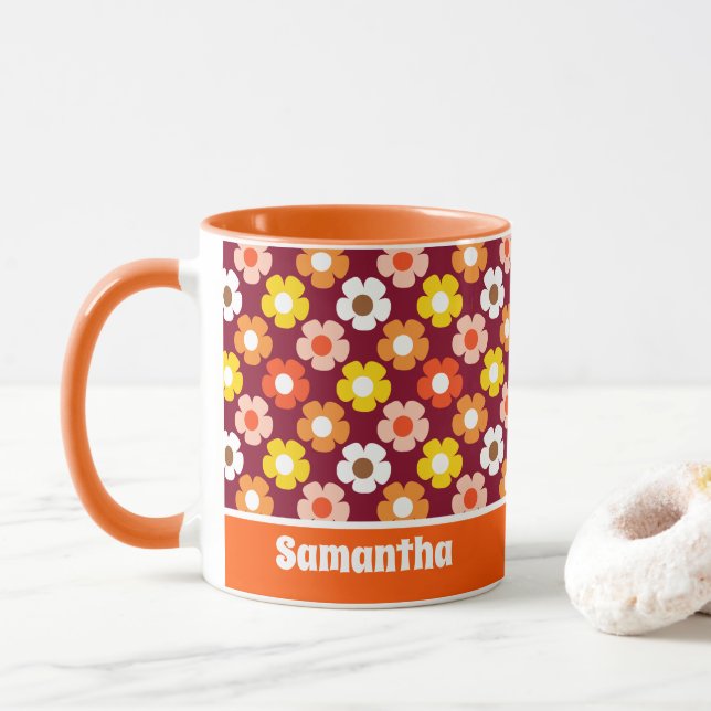 Caneca Flores de outono retrorais Padrão Borgonha (Com Donut)