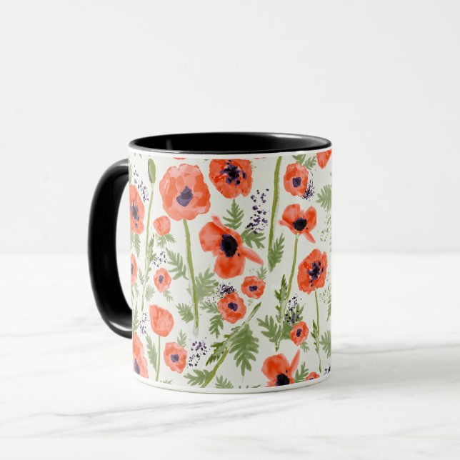 Caneca Flores De Papoila Pintadas De Cor Vermelha Laranja (Frente Esquerda)