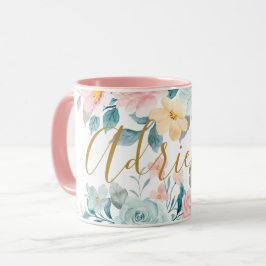 Caneca Flores de Pastel Rosa Aquarela Nome Adicione Flora