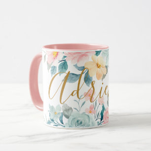 Caneca Flores de Pastel Rosa Aquarela Nome Adicione Flora