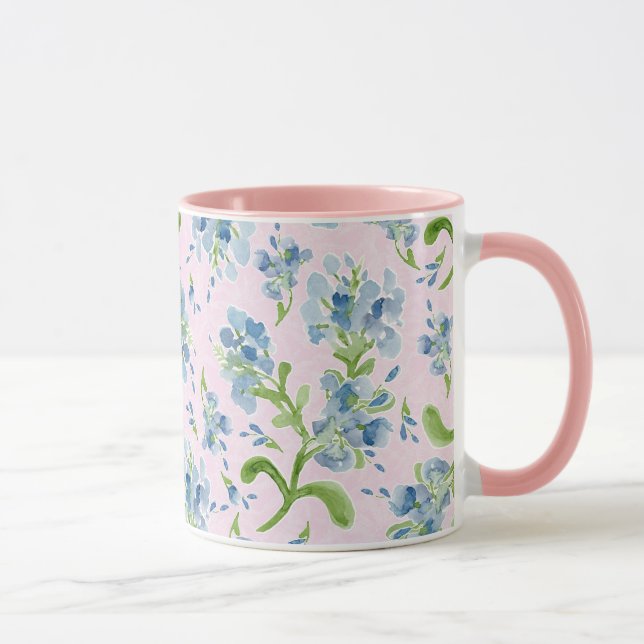 Caneca Flores de Plumbago pintadas com aquarela em rosa-b (Direita)