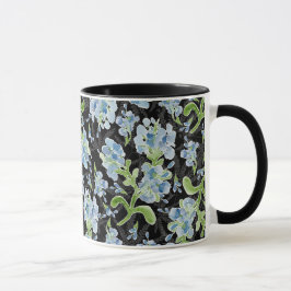 Caneca Flores de Plumbago pintadas com aquarelas em preto