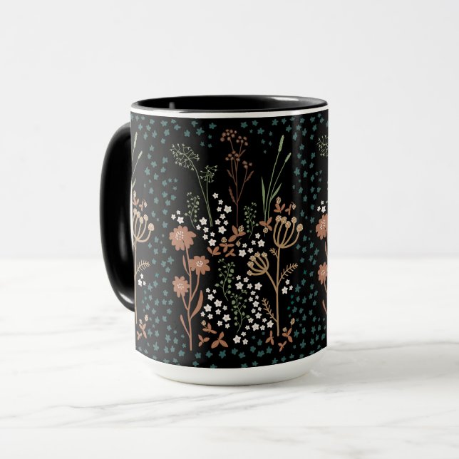 Caneca Flores de Prado Arte Ingênuo Fundo Escuro (Frente Esquerda)