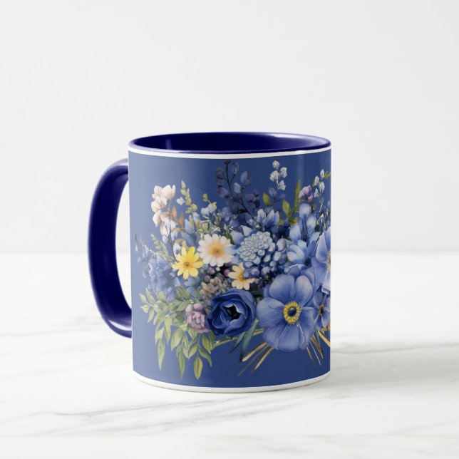 Caneca Flores de primavera, fundo azul escuro, (Frente Esquerda)