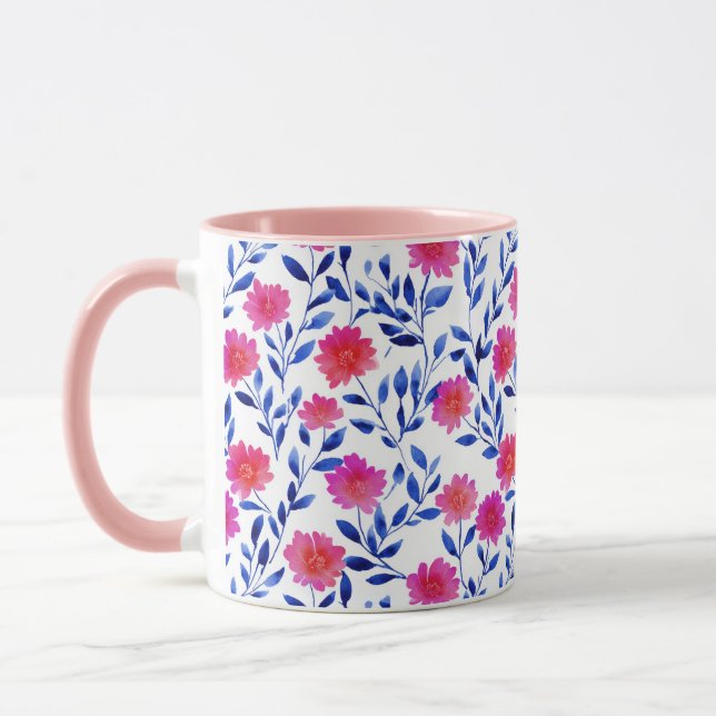 Caneca Flores de Primavera Rosa Fúcsia Botânica Aquarela (Esquerda)