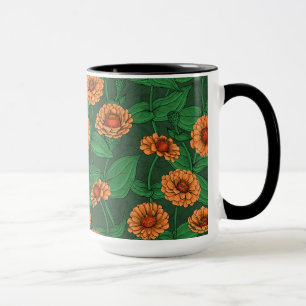 Caneca Flores de Zinnia laranja, folhas verdes em verde e
