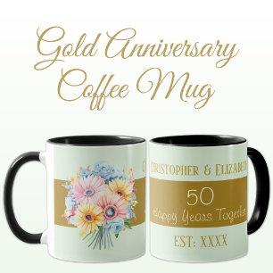 Caneca flores do 50º aniversário de ouro nomes verde